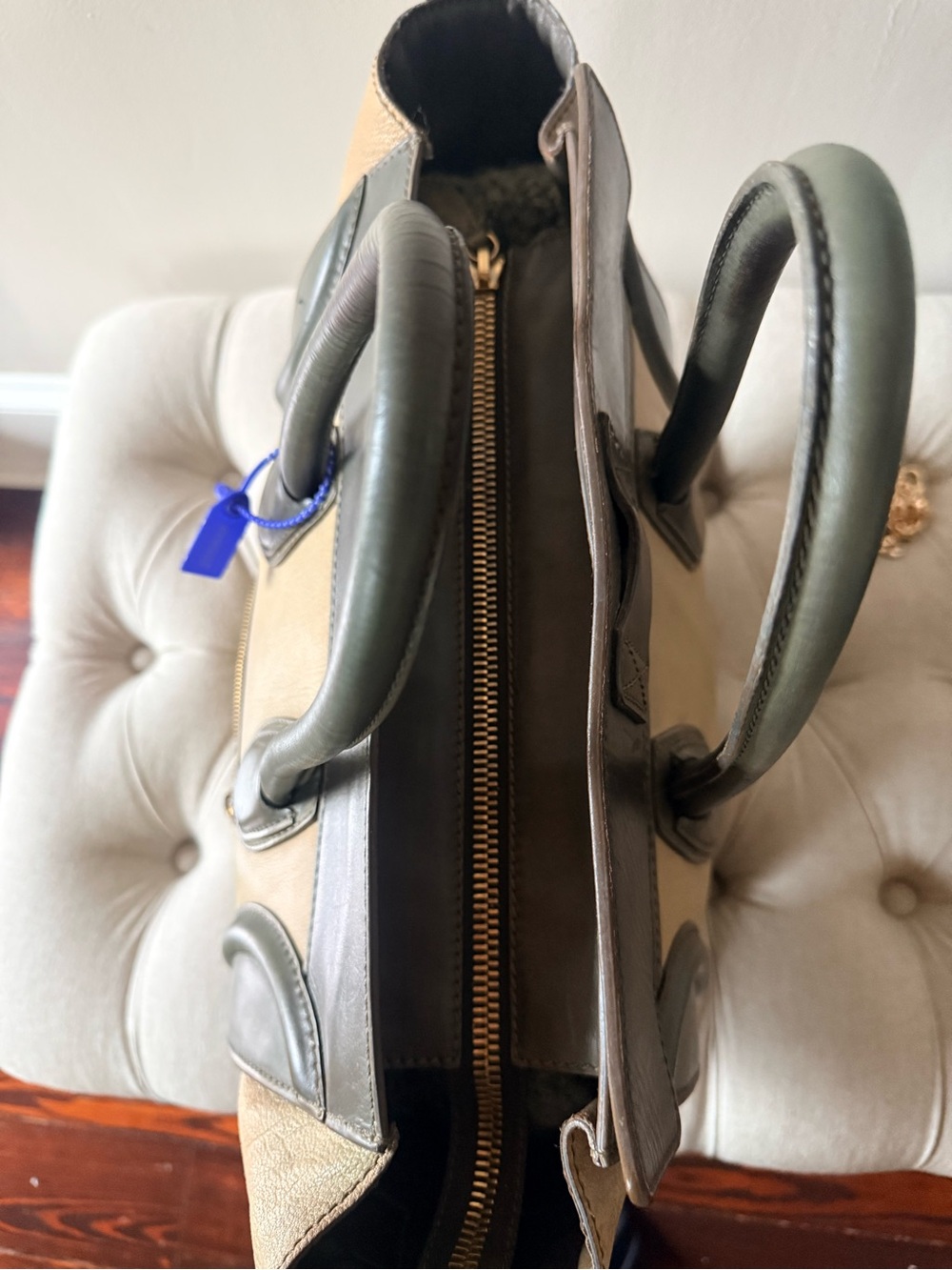 Authentic Phoebe Philo Celine Micro Luggage Tote Bi Color Green Tan Leather - Picture 6 of 16